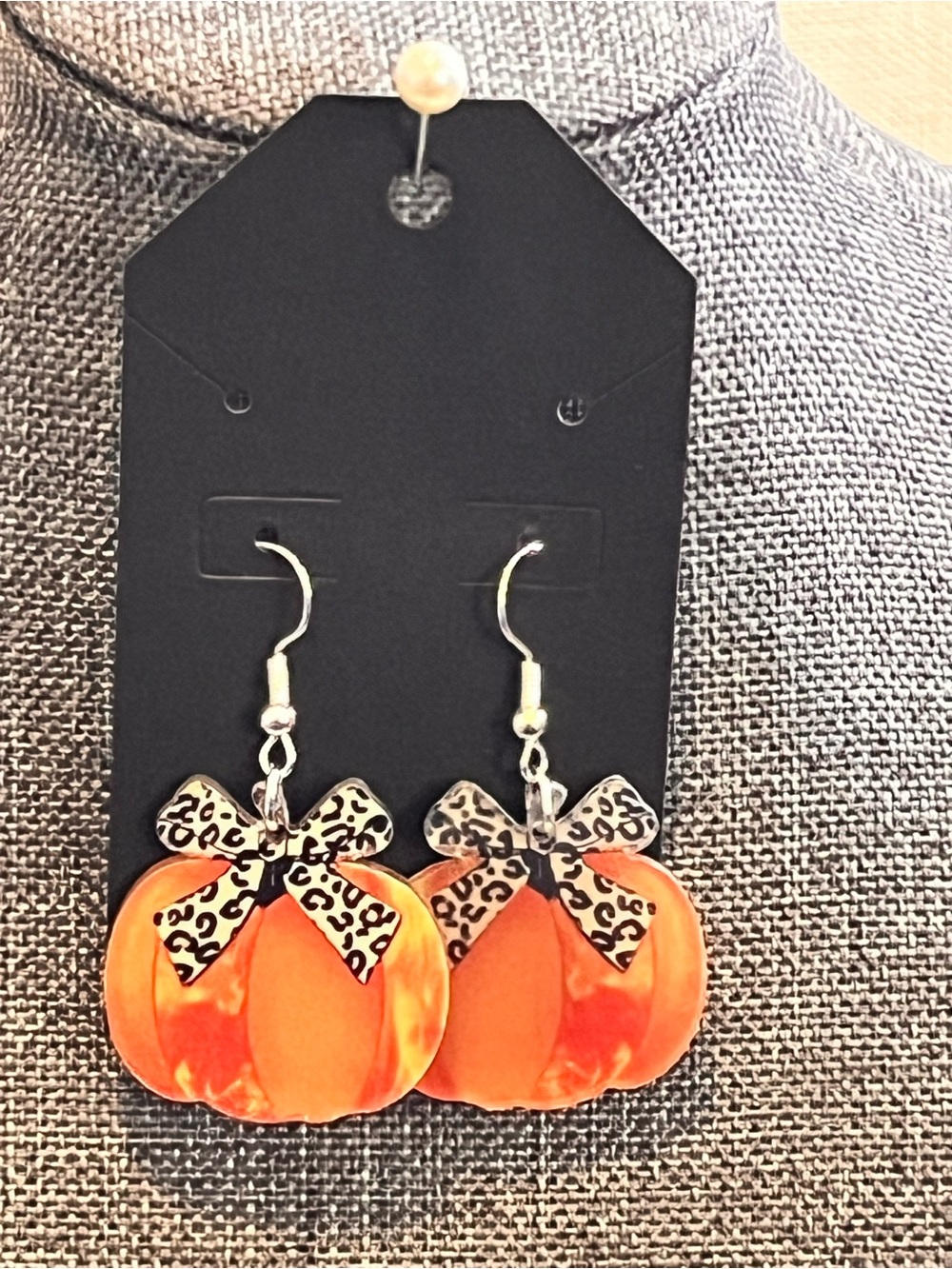 Orange Pumpkin Earrings with Leopard Bow Accent